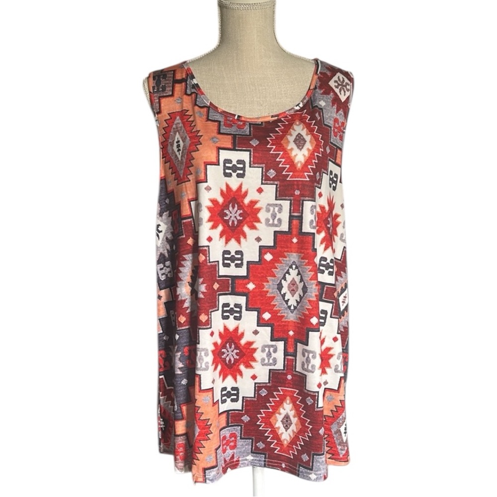 Sleeveless Geometric Print Top Tunic Mixed Colors of Red Orange Gray & White 4XL